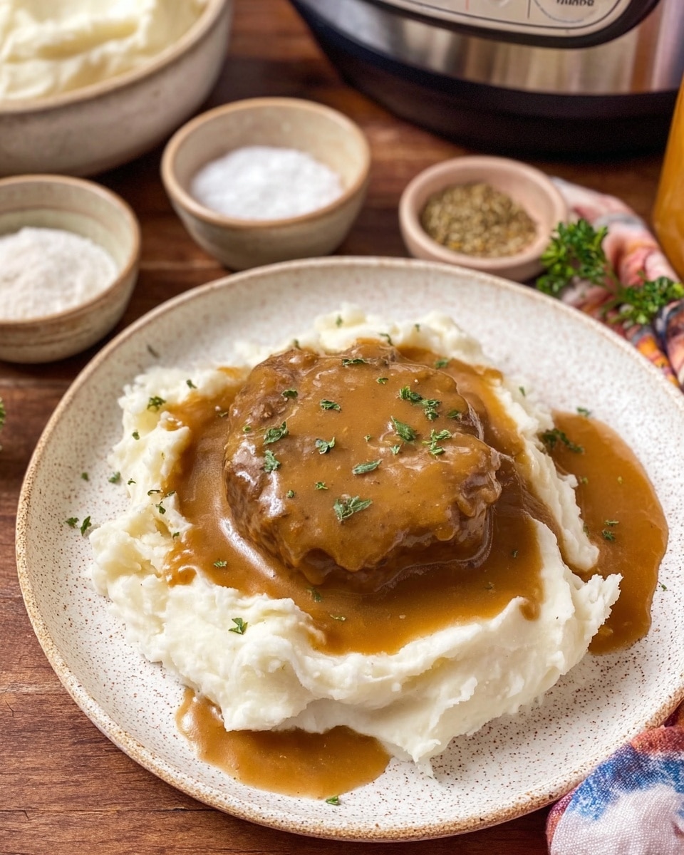 A white speckled plate holds a base layer of creamy mashed potatoes, smooth and slightly fluffy with a pale off-white color. On top, there is a round, brown piece of meat covered with a thick, shiny brown gravy, which spreads around both the meat and the edges of the potatoes. Small green herb pieces are sprinkled over the gravy for garnish. The plate is placed on a wooden surface, surrounded by small bowls of mashed potatoes, salt, and herbs, and a slow cooker control can be partially seen in the background. photo taken with an iphone --ar 4:5 --v 7