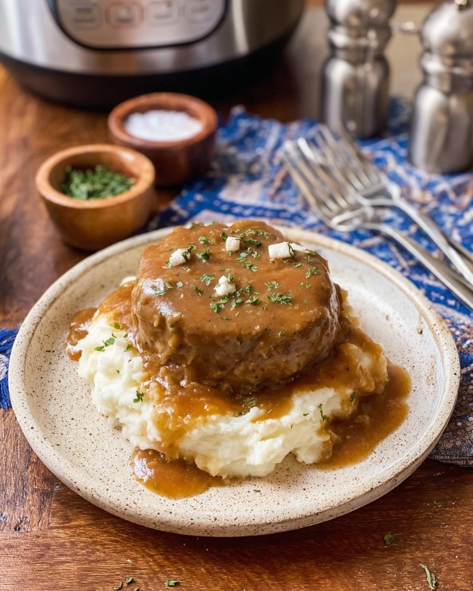 A beige speckled round plate holds two layers: the bottom layer is creamy white mashed potatoes with a smooth and soft texture, and the top layer is a thick brown gravy-covered patty with a shiny surface, garnished with small pieces of chopped green herbs. The gravy slightly spills over the sides of the mashed potatoes. The plate is on a wooden table, with a blue-patterned cloth and silver forks nearby. In the background, there are small wooden bowls with salt and chopped herbs, clear salt and pepper shakers, and a silver slow cooker. photo taken with an iphone --ar 4:5 --v 7