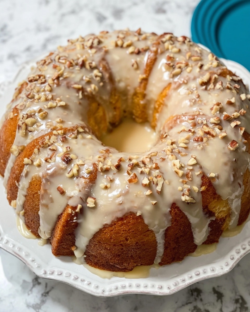 A round bundt cake with a golden brown color sits on a white plate, showing its ridged texture clearly. The cake is topped with a thick, creamy light beige glaze that drips down the sides unevenly, pooling slightly around the base. The white marbled surface underneath adds a clean, fresh background, and the scene is set against a dark tiled wall, giving a contrast that makes the cake stand out. photo taken with an iphone --ar 4:5 --v 7