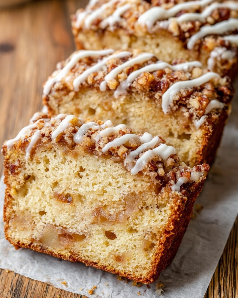 The image shows a thick slice of cake held by a woman's hand over a white marbled surface. The cake slice has three visible layers: the bottom layer is a light golden sponge texture, the middle layer contains a soft filling with caramelized apple pieces that are shiny and slightly chunky, and the top layer is a crumbly streusel with small nuts and a thin drizzle of white icing. Below the slice, more pieces of the same cake rest on white parchment paper, showing the same layered textures and colors. The overall colors are light browns, creamy beige, and white from the icing, with a cozy and home-baked appearance. photo taken with an iphone --ar 4:5 --v 7