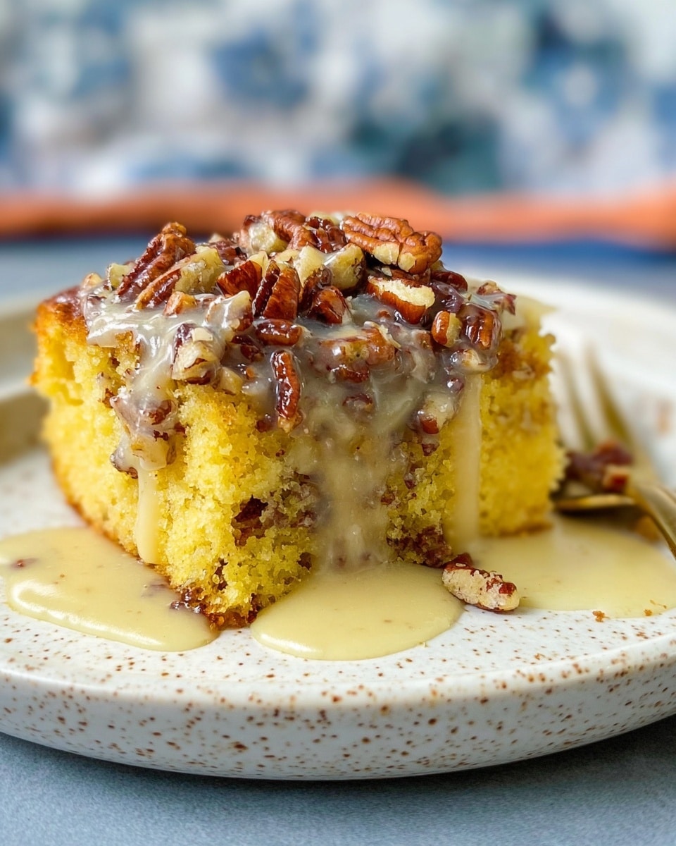 A square piece of golden cornbread is placed in the center of a round white plate. The cornbread has a moist texture with a light crumb visible at the edges. It is topped with a thick, creamy white glaze that has a smooth and slightly glossy surface. On top of the glaze, there is a generous layer of chopped pecans with a rich brown color and rough texture. The glaze also pools slightly around the base of the cornbread on the plate. The plate is resting on a white marbled surface covered partly by a blue and white floral patterned cloth and an orange patterned cloth at the bottom edge. A glass baking dish with more golden cornbread sits in the upper left corner, and a metal spatula with a worn look leans on the right side by the plate. A woman's hand holds a fork near the left bottom corner of the image. photo taken with an iphone --ar 4:5 --v 7