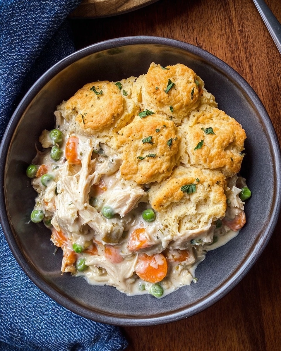 The dish is shown in a dark gray round bowl on a wooden table next to a folded blue cloth. It has two main layers: the top layer is golden brown biscuit pieces with a slightly rough texture and a few green herb sprinkles; the bottom layer is a creamy, white sauce mixed with shredded white meat, soft orange carrot chunks, and round green peas. The creamy sauce is thick and covers part of the biscuit pieces, making the dish look warm and comforting. photo taken with an iphone --ar 4:5 --v 7
