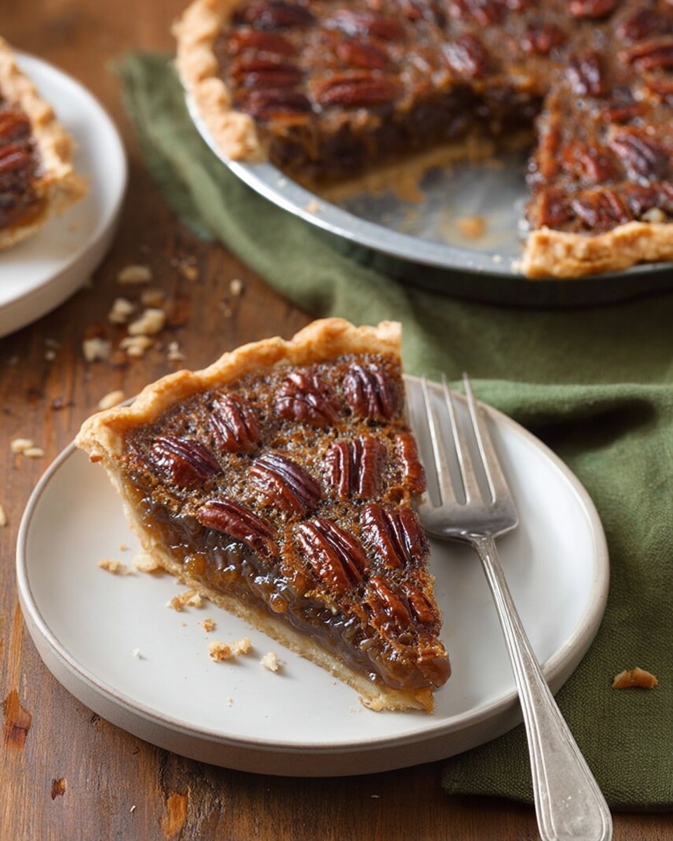 The image shows a pecan pie with three visible layers: a light golden-brown crust at the bottom, a thick, glossy caramel-like filling in the middle, and a top layer of whole pecans that are deep brown and slightly shiny, arranged closely together. One slice is missing, showing the gooey filling stretching slightly. The pie sits on a white plate with a little bit of crumbs around, placed on a white marbled surface. Photo taken with an iphone --ar 4:5 --v 7