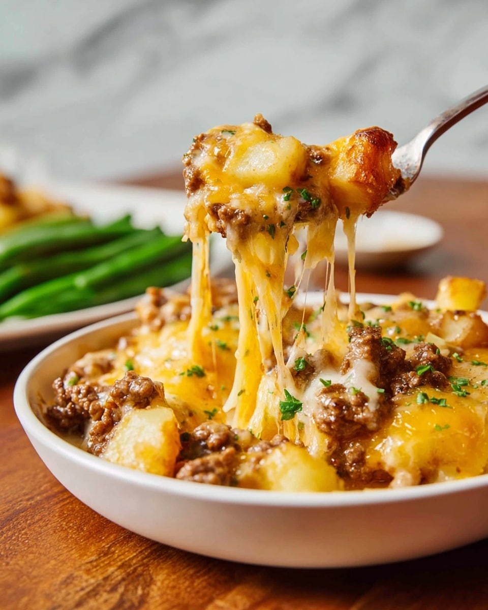 The image shows a close-up of a layered cheesy dish being lifted with a black utensil. The top layer is golden yellow melted cheese with some small green garnish sprinkled on it. Below the cheese, there is a thick layer of brown ground meat mixed with a creamy sauce. Strings of melted cheese stretch down from the lifted portion. The dish is in a white casserole dish with a white marbled surface in the background. Photo taken with an iphone --ar 4:5 --v 7