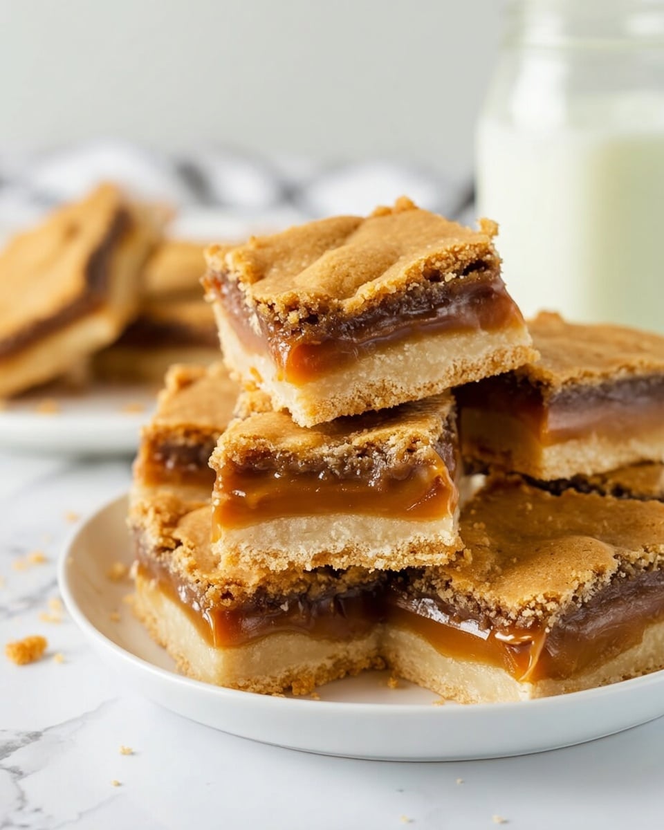 A stack of six square dessert bars sits on a white cake stand with a white marbled surface in the background. Each bar has three distinct layers: a light golden-brown crumbly base at the bottom, a thick, shiny dark chocolate layer in the middle with some gooey caramel peeking out, and a golden-brown crispy top layer. The bars are arranged unevenly, showing the rich texture of each layer, and the close-up shot emphasizes the soft, melting chocolate and caramel contrasts against the crumbly base and crunchy top. Photo taken with an iphone --ar 4:5 --v 7