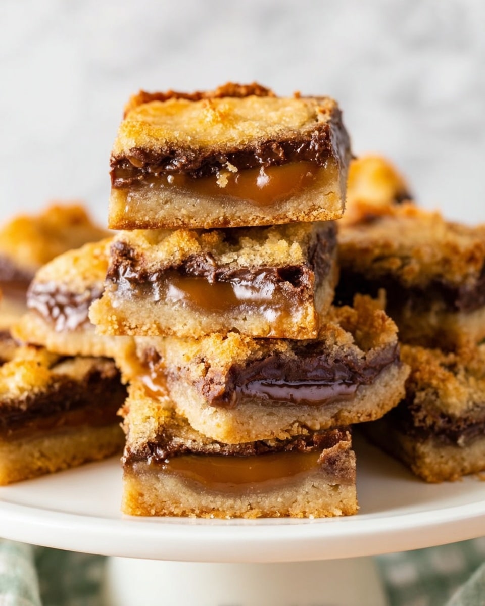 A stack of square dessert bars sits on a white plate with a white marbled background. Each bar has three clear layers: a light golden bottom layer that looks soft and slightly crumbly, a middle layer of rich, shiny caramel with a smooth texture, and a top layer of darker golden brown, cracked, and slightly crispy cookie-like crust with a few small chocolate parts peeking through. The bars are cut evenly and piled casually, showing the gooey caramel seeping slightly at the edges, with one piece broken off in the background on a separate white plate. The overall colors are warm browns and caramel yellows, creating a tempting sweet look. Photo taken with an iphone --ar 4:5 --v 7