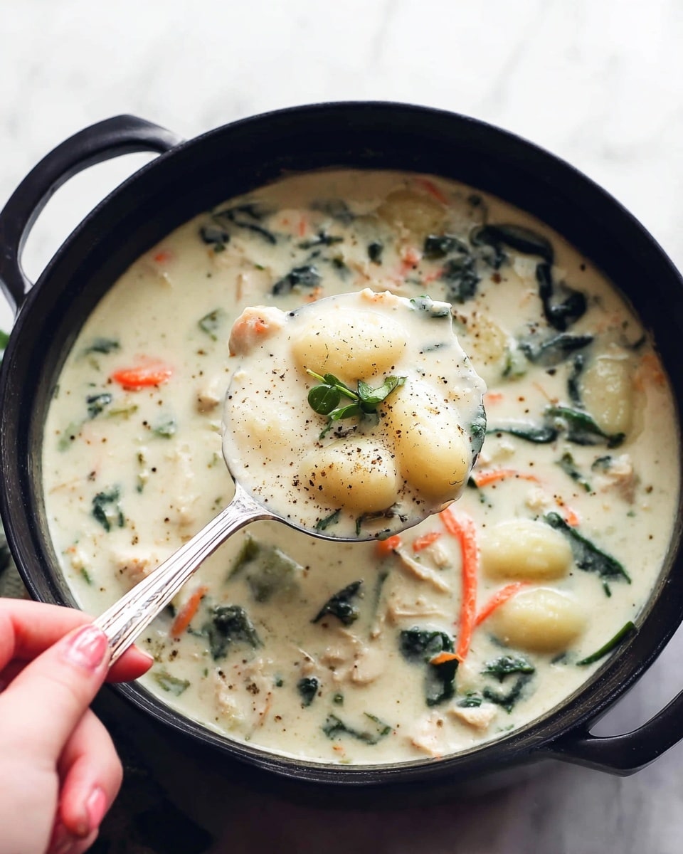 A black pot filled with thick creamy white soup containing small round gnocchi pieces, green leafy spinach, thin orange carrot strips, and light chunks of chicken. A woman's hand holds a silver ladle lifting soup showing the details of the ingredients, topped with a small green herb and sprinkled with black pepper. The pot sits on a white marbled surface. photo taken with an iphone --ar 4:5 --v 7