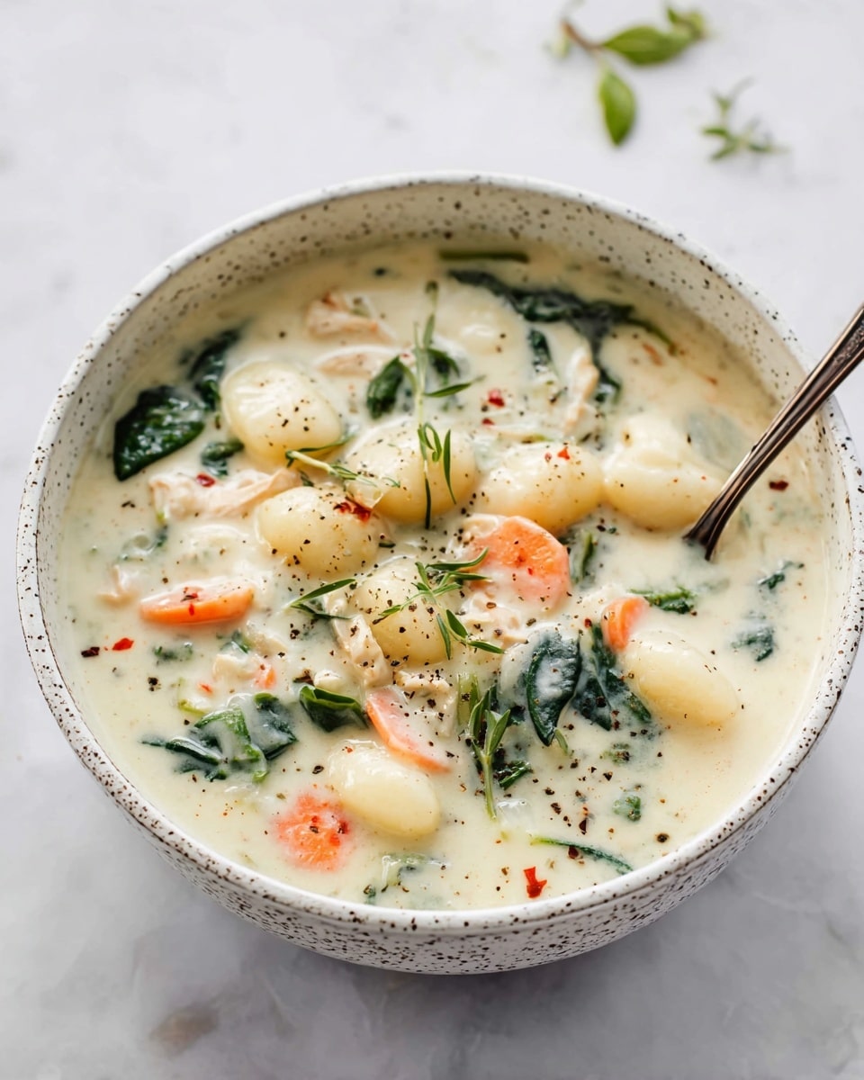 A white bowl filled with creamy soup showing three main layers: the thick white cream base, soft light yellow gnocchi pieces scattered throughout, and strips of green leafy spinach and orange carrot thin slices mixed evenly. There are also small green celery pieces and chunks of pale cooked chicken evenly spread in the soup. The surface of the soup is dotted with black pepper specks and small fresh green herb leaves on top. A silver spoon stands inside the bowl. The bowl sits on a white marbled surface photo taken with an iphone --ar 4:5 --v 7