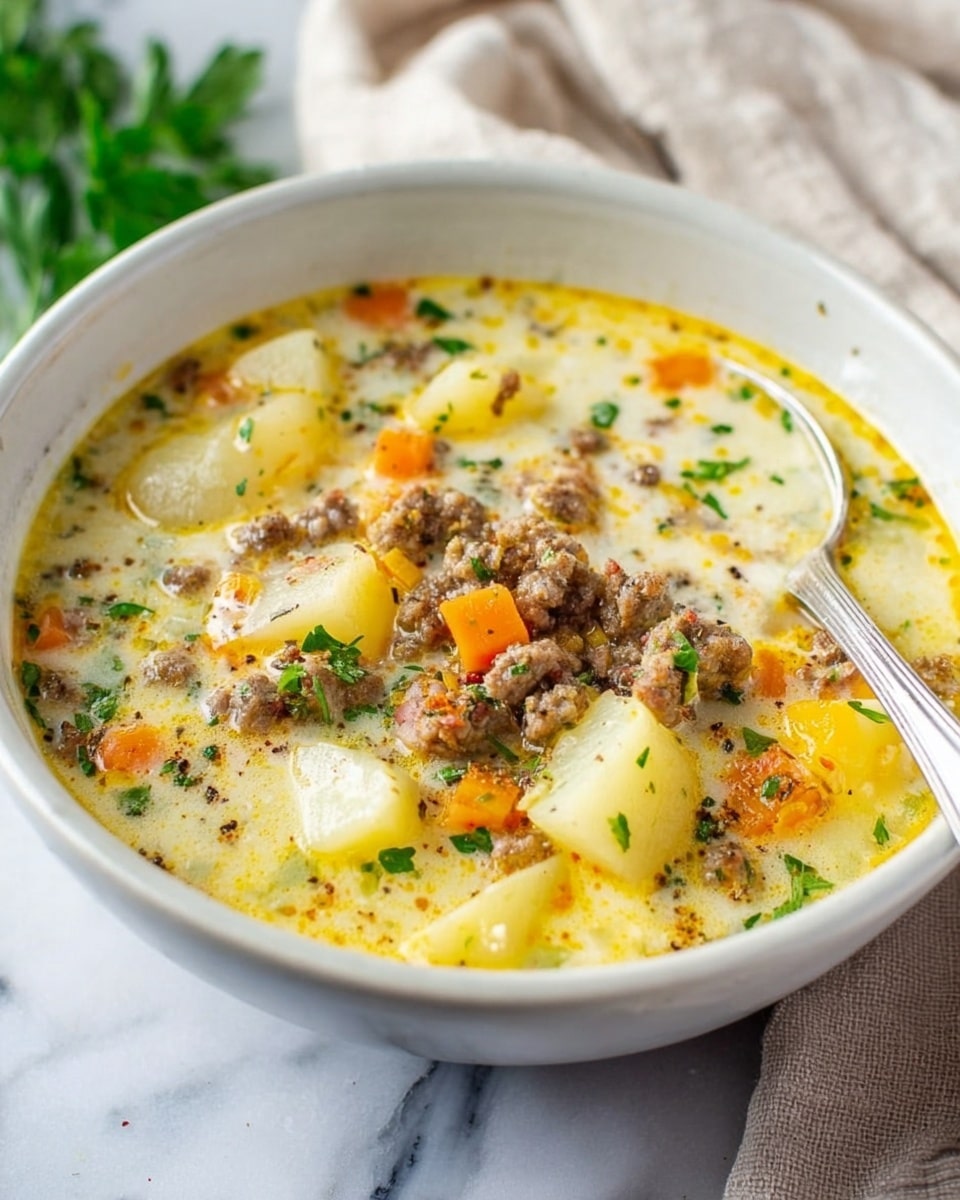 A creamy soup in a large blue pot with a shiny metal spoon inside, showing at least three layers: a thick yellow creamy broth with herbs and black pepper flakes floating on top; chunks of red-skinned potatoes and orange carrots spread evenly throughout; and small browned meat pieces scattered across the soup. The pot is placed on a white marbled surface with a gray cloth nearby. In the background, there is a small white bowl with red pepper flakes. Photo taken with an iphone --ar 4:5 --v 7