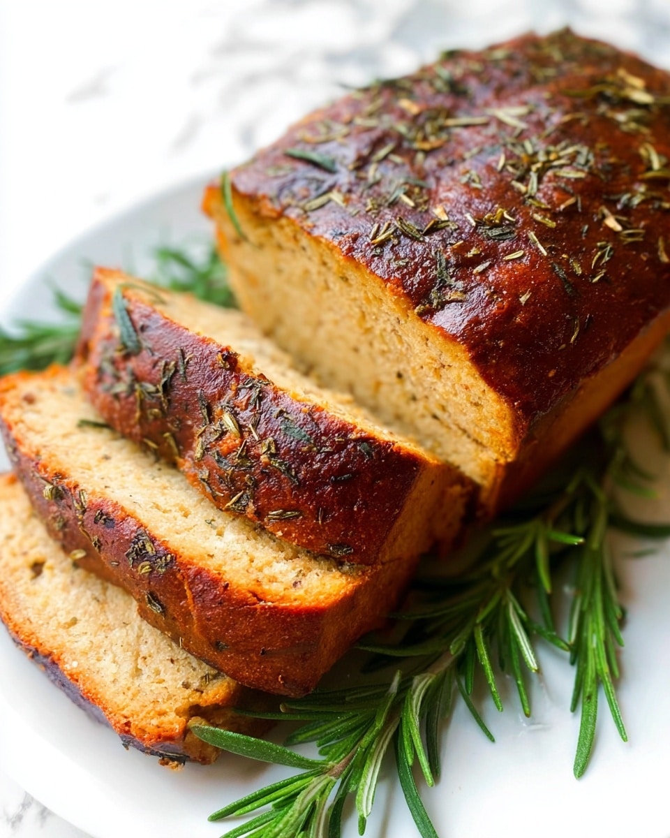 A roasted loaf with a textured dark brown crust covered with dried herbs sits on a white marbled surface. The loaf is sliced into several pieces at the front, showing a smooth, light brown interior with a slightly darker browned edge. Fresh green rosemary sprigs are arranged neatly underneath and beside the loaf, adding contrast to the warm tones of the roasted loaf. The focus is on the rich colors and herbs on top, with the white marbled background providing a clean, simple setting. Photo taken with an iphone --ar 4:5 --v 7