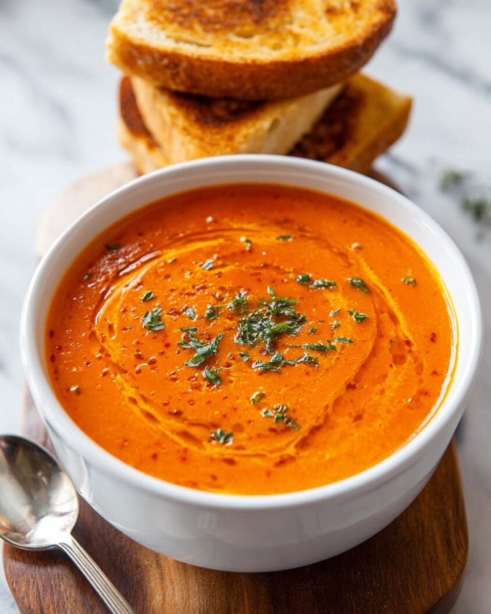 A white bowl filled with smooth, thick orange soup topped with small green herb pieces and a light swirl pattern on the surface. The bowl is placed on a small wooden board with a shiny silver spoon resting beside it. In the background, there are two stacked toasted sandwiches with a golden brown crust. The scene is set on a white marbled surface. photo taken with an iphone --ar 4:5 --v 7