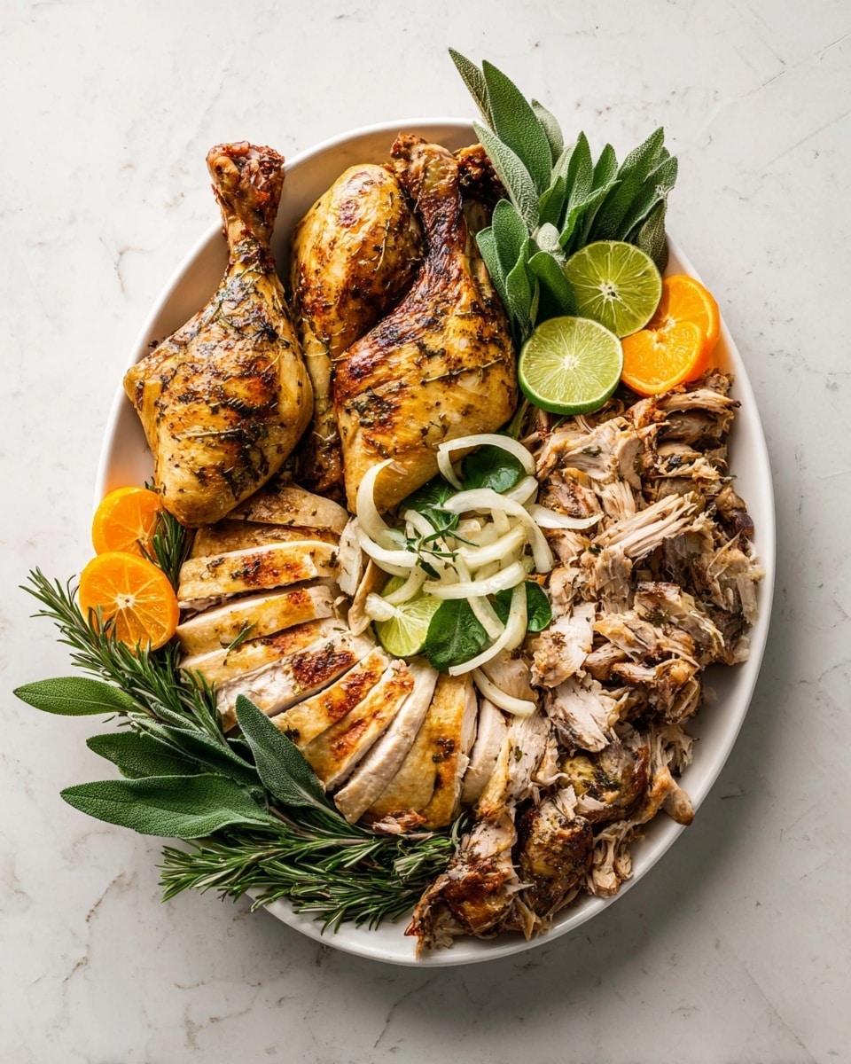 A large white oval plate is filled with a whole roasted chicken that is carved into multiple parts: two drumsticks resting near the top, a fan of sliced chicken breast in the center, sliced wing pieces on the right, and shredded dark meat beside the wing. The chicken skin is golden brown and slightly textured with herbs. The plate is decorated with green leafy sprigs and round slices of lime and bright orange wedges placed around the chicken. Two halves of white onion are also placed near the drumsticks and dark meat. The plate is set against a white marbled surface. Photo taken with an iphone --ar 4:5 --v 7
