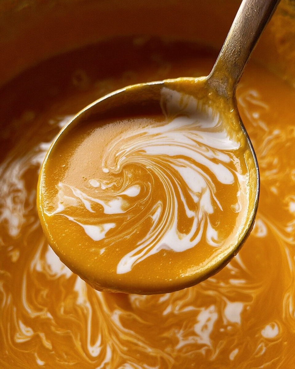 A close-up view of a metal ladle filled with thick orange soup with white cream swirled on the surface, creating a marbled pattern. The ladle is held just above more of the same orange soup, which looks smooth and rich. The background and surface are a white marbled texture, enhancing the warm colors of the soup. Photo taken with an iphone --ar 4:5 --v 7