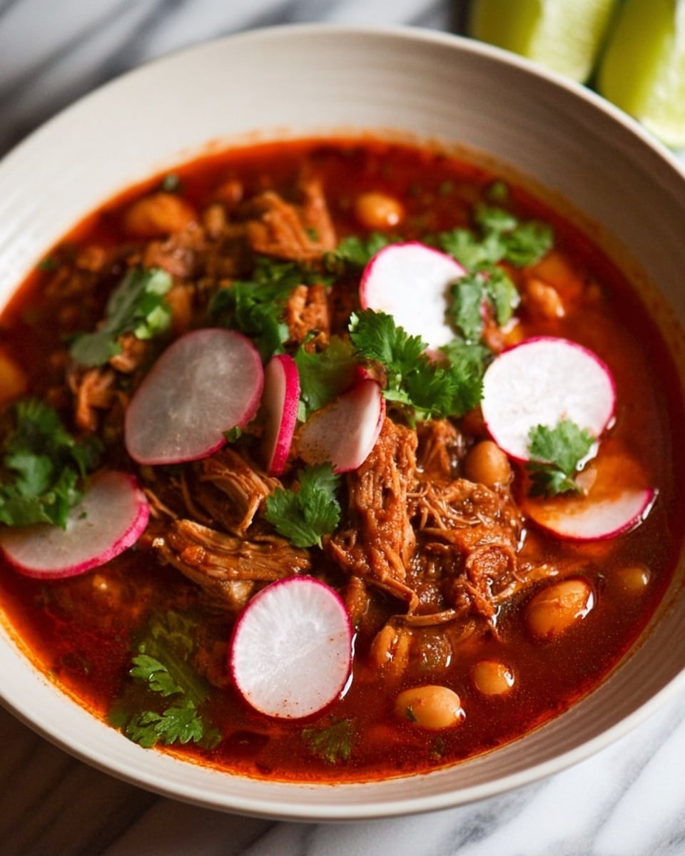 A white bowl filled with a reddish-brown stew, showing a thick layer of shredded meat mixed with small white beans. Thin slices of radish with white centers and pink edges are scattered on top, along with bright green cilantro leaves. Lime wedges peek from the side, adding a splash of green. The dish sits on a white marbled surface. photo taken with an iphone --ar 4:5 --v 7