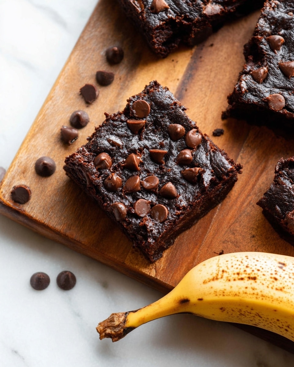 A close-up of dark chocolate brownies with a rich, moist texture topped with scattered milk chocolate chips. The brownies are square-shaped with a slightly rough surface, arranged on a wooden board. A yellow banana peel with dark spots lies partially on the board next to the brownies. The background is a white marbled surface. photo taken with an iphone --ar 4:5 --v 7