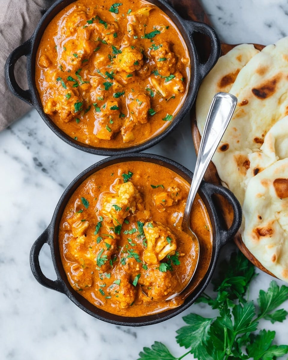 The image shows two small black cast iron pots filled with a thick orange curry sauce containing chunks of cauliflower and pieces of what looks like tofu or paneer, all mixed with finely chopped green herbs on top. The curry looks creamy and smooth with visible textured vegetable pieces spread evenly within the sauce. A silver spoon rests inside the front pot. To the right side, there are a few pieces of white warm pita bread with light brown toasted spots stacked on a white marbled surface with a sprig of fresh parsley or cilantro nearby. photo taken with an iphone --ar 4:5 --v 7