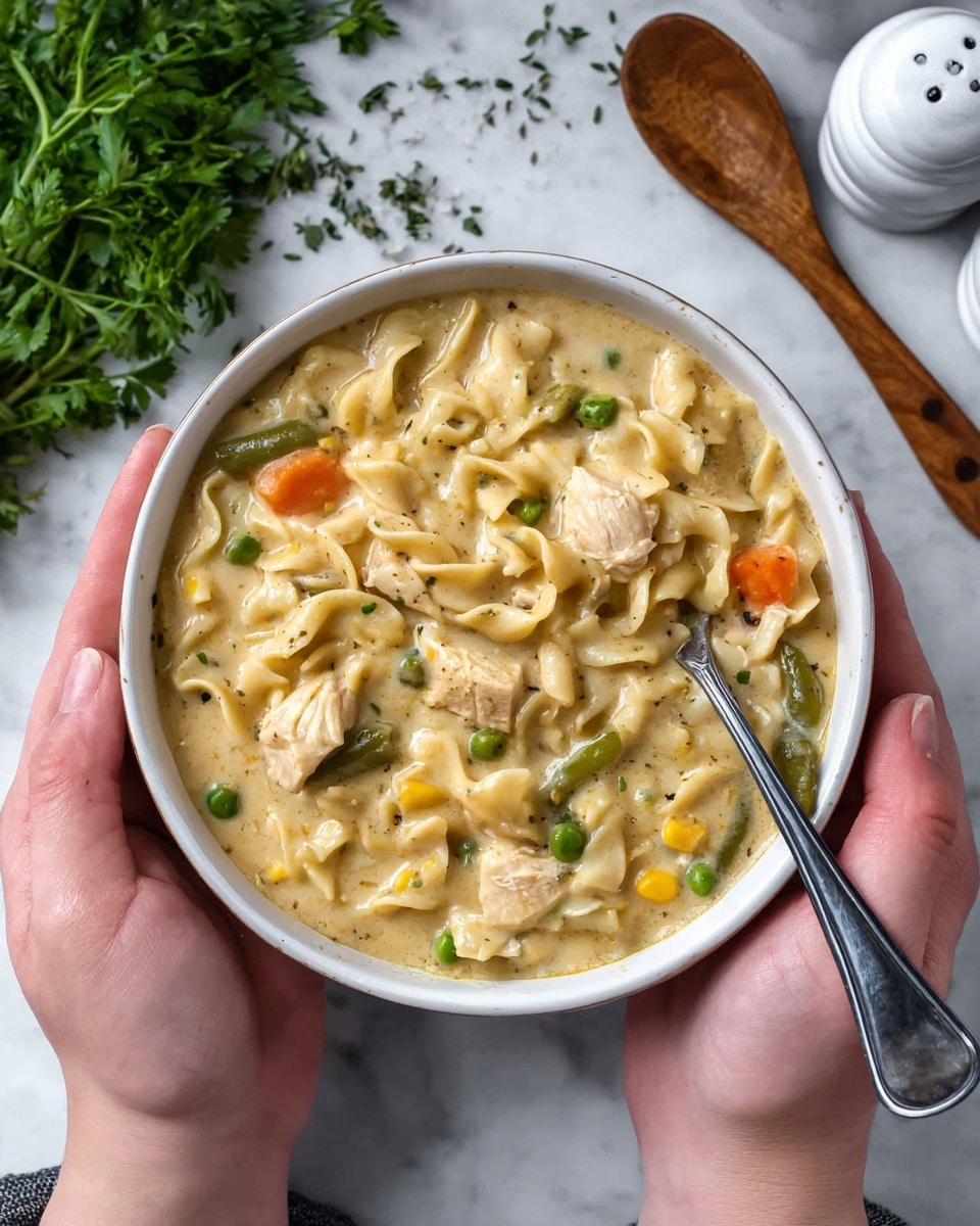A white bowl full of thick creamy chicken noodle soup held by two woman's hands, filled with chunky pieces of chicken, noodles, and visible small cubes of orange carrots, green beans, and bits of corn, all coated in a smooth pale yellow sauce, with a silver spoon resting inside the soup near the edge of the bowl; the bowl is placed over a white marbled textured surface with fresh green herbs and white salt and pepper shakers in the background, along with a wooden spoon nearby; photo taken with an iphone --ar 4:5 --v 7