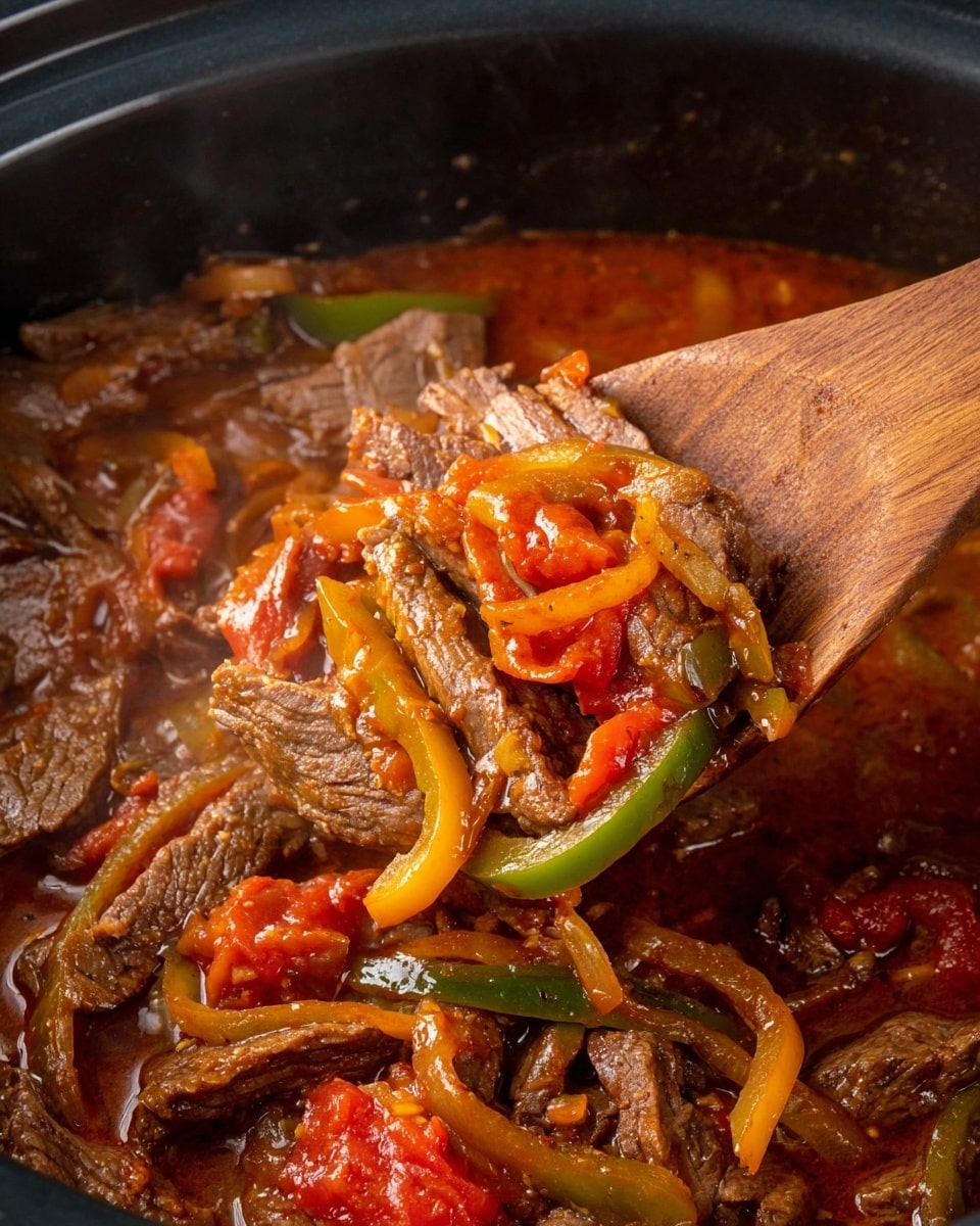 This image shows a close-up of a stew with layers of brown beef slices mixed with thin strips of yellow and green bell peppers and chunks of red tomatoes in a rich, reddish-brown sauce. The stew is inside a black pot with a wooden spoon lifting a spoonful of the mixture, showing the texture of the tender meat and soft vegetables fully coated in the savory sauce. The stew looks warm and hearty with a slightly shiny surface. Photo taken with an iphone --ar 4:5 --v 7