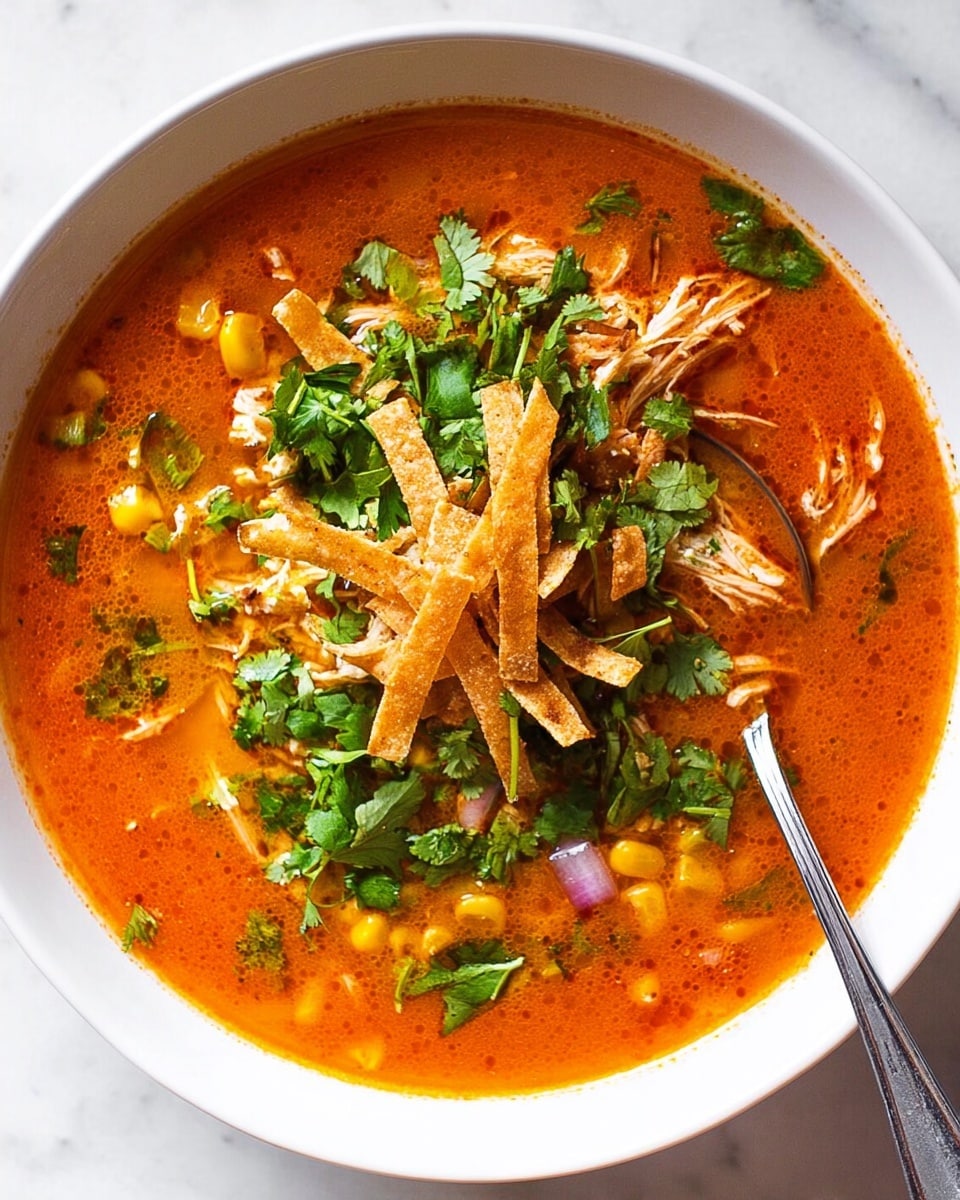 A white bowl filled with bright red soup as the base layer, with visible shredded pieces of cooked chicken, yellow corn kernels, and black beans mixed in. On top, there are thin, crispy, light brown strips placed in a crisscross pattern in the center. Scattered around are small cubes of purple onion and fresh green cilantro leaves. A wedge of lime rests at the edge of the bowl. The bowl sits on a white marbled surface. photo taken with an iphone --ar 4:5 --v 7