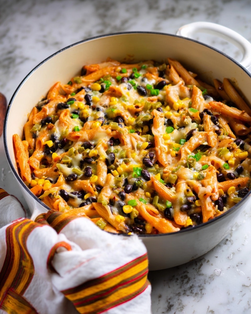 The image shows a white pot filled with a colorful pasta dish. The main layer is orange penne pasta mixed with black beans and yellow corn, all scattered evenly. There are small green pieces sprinkled throughout, possibly chopped herbs or green onions. The dish is topped lightly with melted cheese that adds a slight shine and creamy texture. The pot sits on a white marbled surface, and a white cloth with orange, brown, and yellow stripes is draped over the pot handle. Photo taken with an iphone --ar 4:5 --v 7