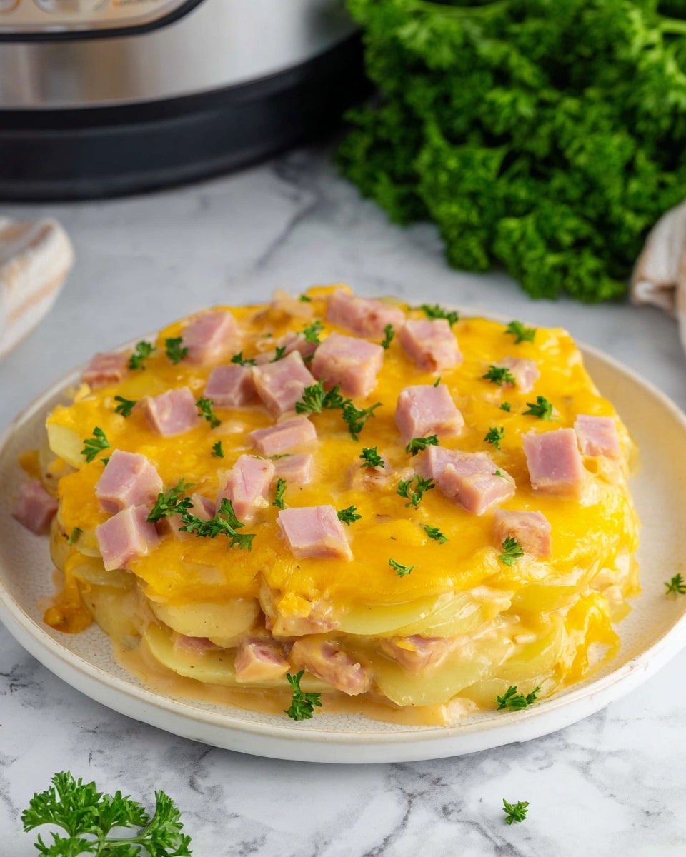 A round white plate holds a layered potato dish with about three visible layers. The base layer shows thin, golden-yellow potato slices. On top, there are small cubes of pink ham scattered evenly. The dish is covered with melted bright yellow cheese that looks smooth and creamy, with some small green parsley leaves sprinkled on the top for garnish. The plate is set on a white marbled surface. In the background, there is a hint of green parsley and part of a kitchen appliance. Photo taken with an iphone --ar 4:5 --v 7