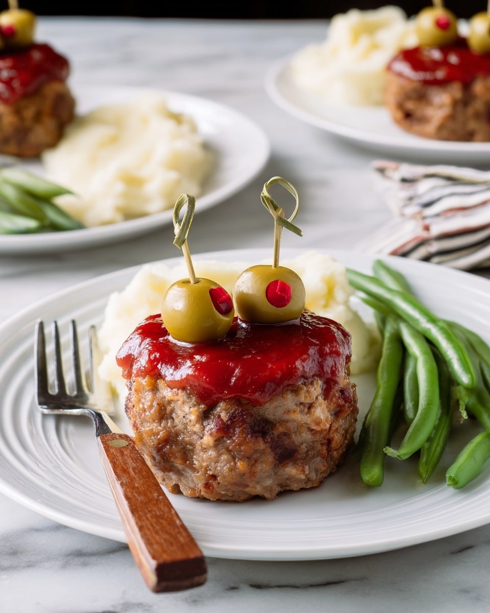 The image shows seven small meatloaf muffins arranged on a white square plate, each topped with a shiny red sauce layer on the surface. Two green olives with red pimento centers are stuck with toothpicks into the top of each muffin, resembling eyes. The muffins have a slightly rough and textured outer layer with visible bits of meat and seasoning. The plate is set on a black woven placemat with fringed edges, placed on a white marbled surface. In the background, there are stacked white plates with an orange cloth and forks on top, along with two clear glasses filled with ice and a pale pink drink. A metal spatula with a wooden handle rests on the edge of the plate. Photo taken with an iphone --ar 4:5 --v 7