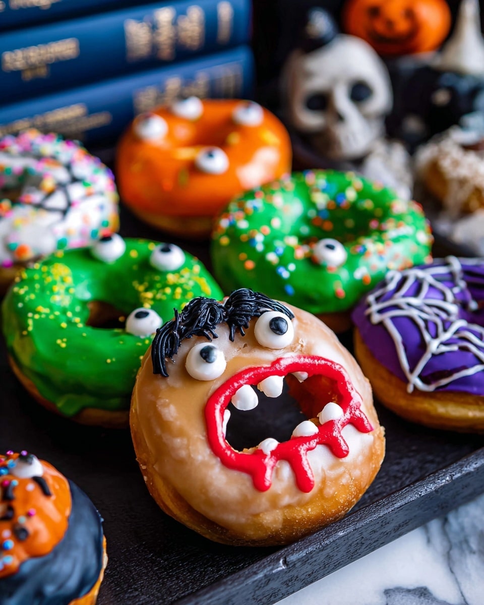 The image shows a close-up of several Halloween-themed donuts arranged on a black textured surface. One donut is decorated like a mummy with white icing strips layered over a light brown base and small candy eyes on top. Another donut has bright purple icing covered with small round purple, orange, and black sprinkles and round white candy eyes. A chocolate donut features a white spider web design made of thin icing lines with a small black icing spider in the center. There is a green donut decorated like Frankenstein's face with black icing for hair and stitches and white candy eyes. Another has orange icing with a white open-mouthed face and red icing drops resembling blood near the mouth. A green donut is covered in small round colored sprinkles and large white and black candy eyes. The donuts are placed on a white marbled texture. photo taken with an iphone --ar 4:5 --v 7