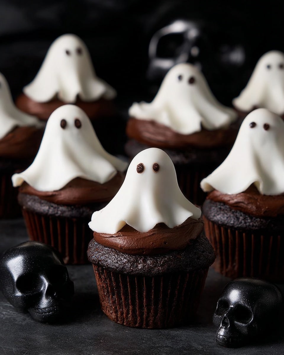 The image shows six chocolate cupcakes with dark brown muffin bases topped with a thick layer of smooth dark chocolate frosting. Each cupcake has a white ghost decoration on top, made of a soft, rounded sheet that drapes over the frosting like a small sheet with two black eyes, giving a ghostly look. The cupcakes are arranged closely on a dark surface, with small black shiny skull props placed around them for a spooky effect. The background is dark, adding to the eerie mood. photo taken with an iphone --ar 4:5 --v 7