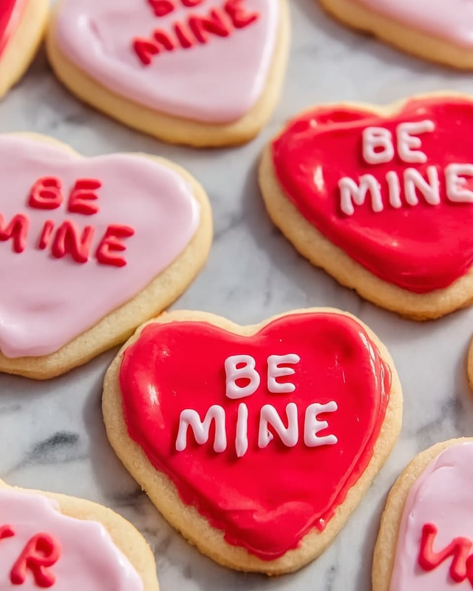 The image shows several heart-shaped sugar cookies on a white marbled surface. Each cookie has two layers: a smooth red or pink base layer of icing that covers the cookie, with the cookie's light golden edge visible around the icing, and a second layer of light pink or red lettering on top, forming short phrases like