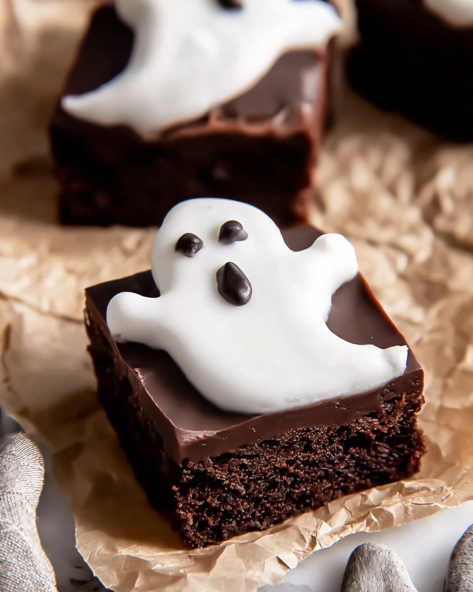 The image shows small square brownies with three visible layers. The bottom layer is dark brown and dense, rough textured as the brownie base. Above it is a smooth, thick chocolate layer with a glossy finish. The top layer is a white ghost shape made of soft icing or fondant, which covers most of the brownie’s surface. The ghost has two small oval black eyes and a larger open mouth, all shiny and wet-looking, placed toward the center near the top. The brownies sit on crumpled light brown parchment paper, with part of a woman's hand or cloth seen at the bottom edge. The background has a white marbled texture. photo taken with an iphone --ar 4:5 --v 7
