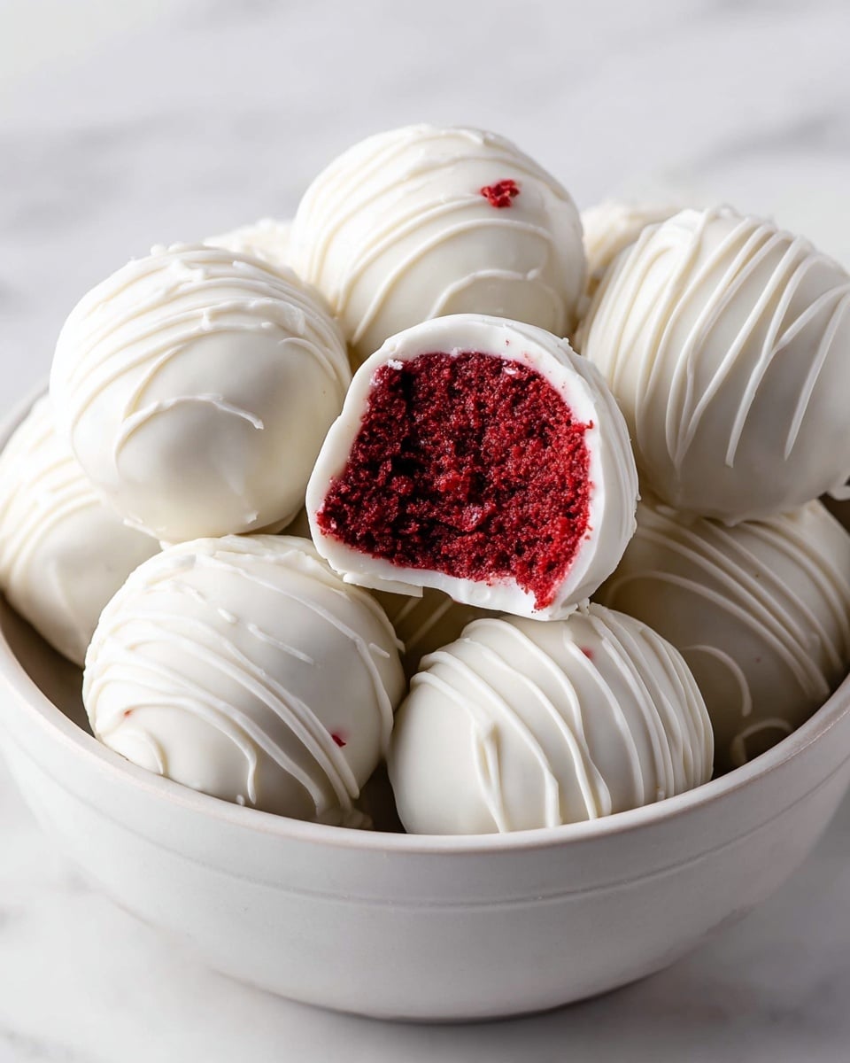 The image shows a white bowl filled with round cake balls. Each cake ball has a smooth white coating with thin white lines drizzled in a random pattern on top. One cake ball is bitten, revealing a soft, moist, deep red inner cake layer. The bowl and all the cake balls sit on a white marbled surface. The photo taken with an iphone --ar 4:5 --v 7
