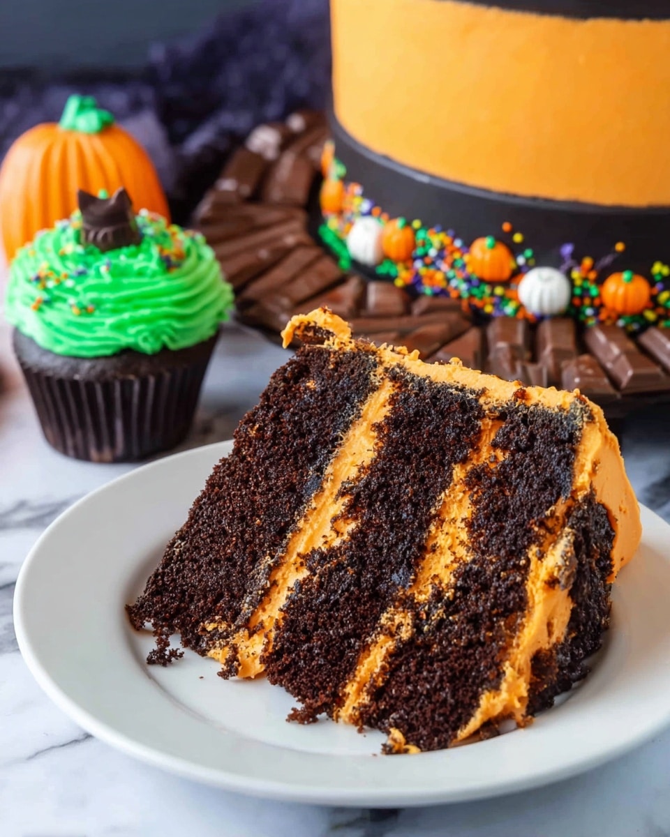 The image shows a three-layer dark chocolate cake covered in smooth orange frosting. Each cake layer is thick and moist, separated by bright orange frosting layers. The cake is decorated on top with crumbled dark cookie crumbs, green frosting grass, two white ghost-shaped decorations with black eyes and mouths, and two upright rectangular chocolate pieces placed near the ghosts. Around the cake's base, there are more chocolate pieces and green frosting grass. The cake is set on a white marbled surface, with a spooky black twisted branch decoration and the partial view of another cake visible in the background. Photo taken with an iphone --ar 4:5 --v 7