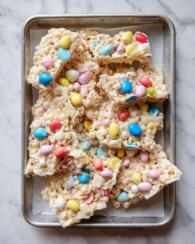 Easter White Chocolate Bark with Rainbow Rice Krispies and Candy Recipe