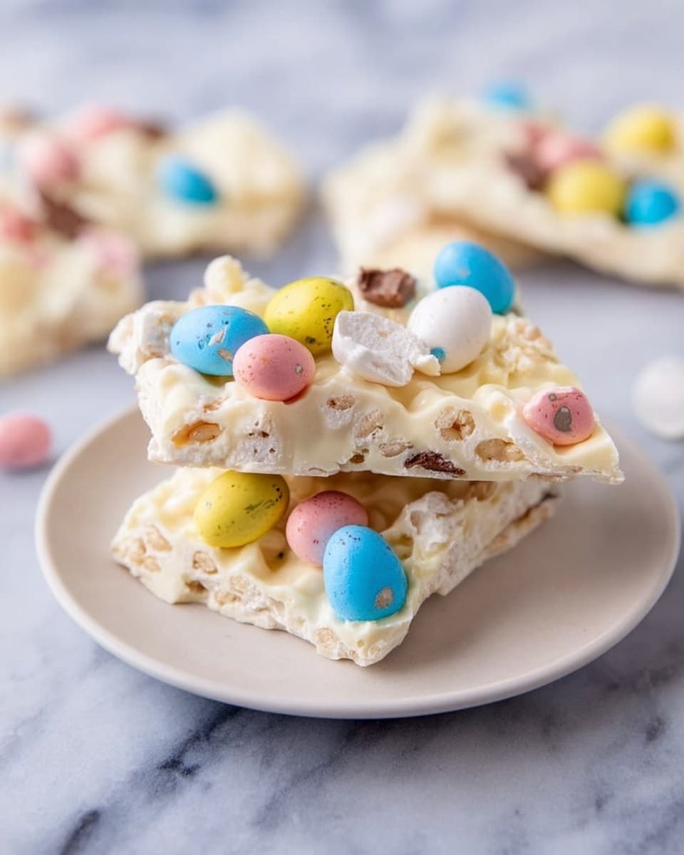 The image shows a metal tray lined with parchment paper holding multiple irregular pieces of white, textured bark-like candy. The candy base is creamy white with a bumpy texture, like puffed rice. Scattered thickly on top are colorful candy-coated chocolate eggs in pastel colors: blue, pink, yellow, and gray. Some of these eggs are whole while many are broken, revealing brown centers. Red and blue candy bits are mixed into the white base, adding specks of color throughout. The tray sits on a white marbled surface. photo taken with an iphone --ar 4:5 --v 7