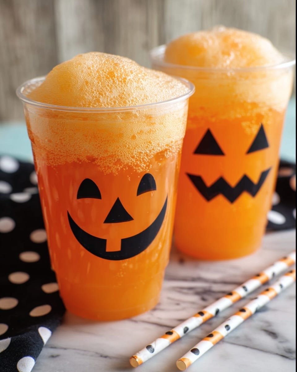 Two clear plastic cups filled with bright orange fizzy drink, each topped with a thick layer of light orange foam. The cups have black jack-o'-lantern faces: the left cup shows a smiling face with triangular eyes and a round nose, the right cup has a zigzag mouth and triangular eyes and nose. The cups are placed on a white marbled surface with a black and white polka-dot cloth blurred in the background and two white straws with orange and black dots lying nearby. Photo taken with an iphone --ar 4:5 --v 7
