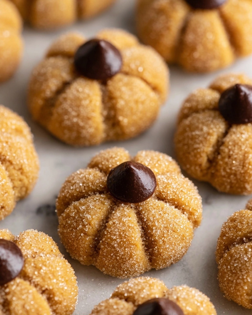 The image shows multiple small round cookies shaped like pumpkins, each with an outer texture covered in coarse sugar giving a sparkling effect. Each cookie has six curved indentations running from top to bottom, forming the pumpkin shape. In the center at the top of each cookie sits a single dark brown chocolate drop, resembling a pumpkin stem. The cookies rest on a white marbled surface, and the lighting focuses on the texture of the sugar and chocolate drops, giving a warm, cozy feel. Photo taken with an iphone --ar 4:5 --v 7