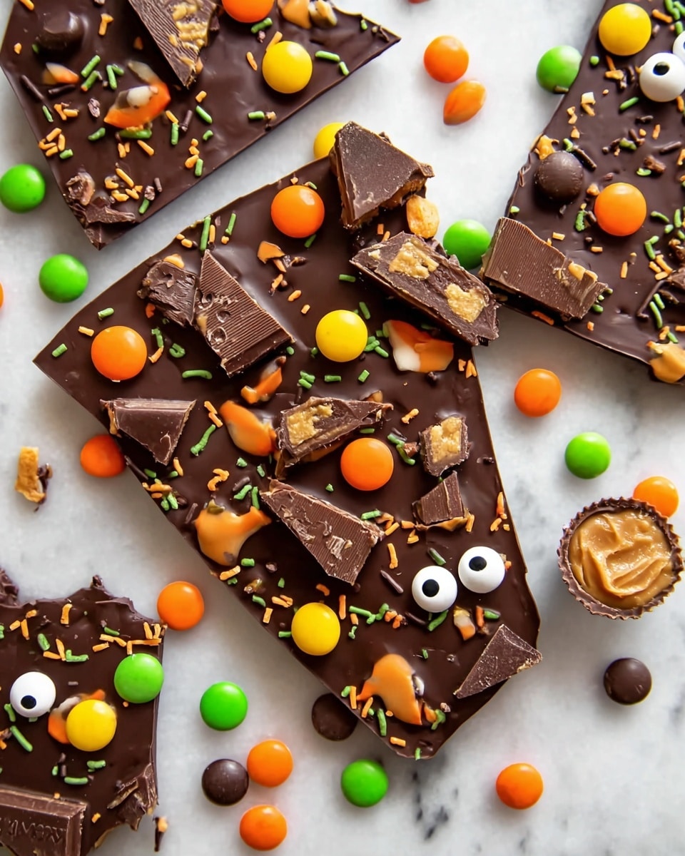 The image shows several large, flat pieces of dark chocolate bark on a white marbled surface, each piece decorated with colorful candy pieces. The chocolate bark forms a base layer that is dark brown and glossy. On top, there are scattered orange, yellow, and dark brown round candies, along with small candy eyes made of white and black. There are also broken pieces of chocolate peanut butter cups and rectangular chocolate bars placed on the bark, adding texture with their matte, lighter brown shades. Bright green, orange, and brown sprinkles are scattered over the bark, creating a playful and colorful contrast. A whole chocolate peanut butter cup is placed near the bark, and scattered candies surround the pieces. photo taken with an iphone --ar 4:5 --v 7