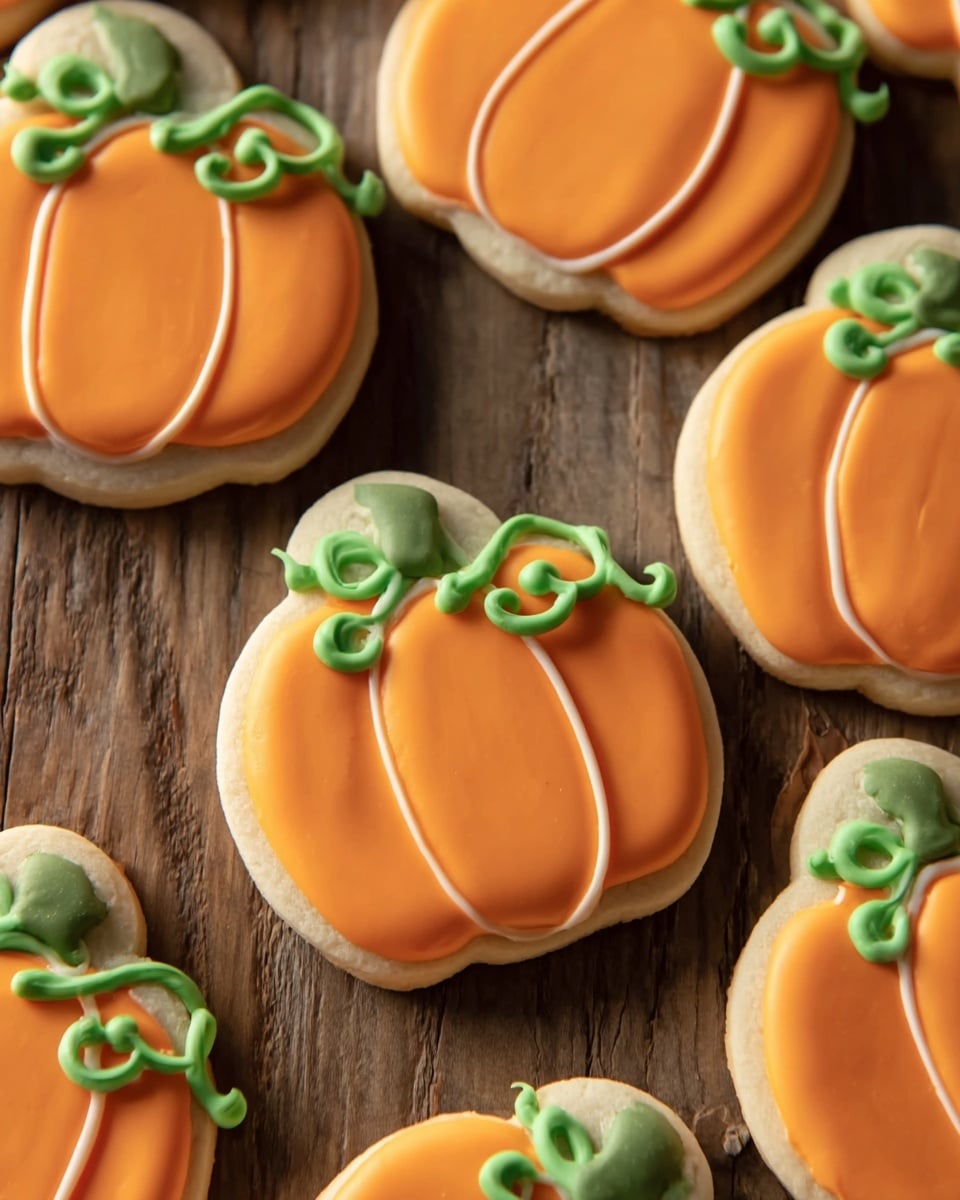 A group of cookies shaped like pumpkins lay close together on a wood surface. Each cookie has three layers: the base layer is a light beige cookie, topped with a smooth orange icing forming a pumpkin shape that has a subtle curved line down the center and around the sides to show pumpkin sections. On top, there is a bright green icing swirl forming the pumpkin’s stem and some curly vines to add detail. The cookies are spread across the frame, some overlapping others. photo taken with an iphone --ar 4:5 --v 7