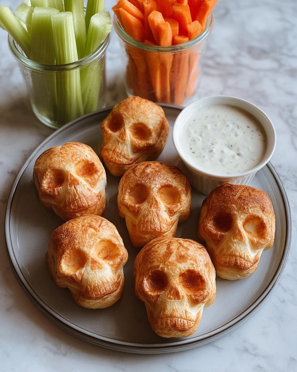 A black round plate filled with five golden brown, skull-shaped fried snacks with a crisp texture, each showing clear eye, nose, and mouth indentations, arranged in a semi-overlapping manner on the left side. On the right side, there are three small containers: one clear glass jar filled with cut orange carrot sticks, another clear glass jar holding green celery sticks, and a white bowl with speckled edges containing a creamy white dipping sauce with visible herbs. The whole setting is placed on a white marbled surface. photo taken with an iphone --ar 4:5 --v 7