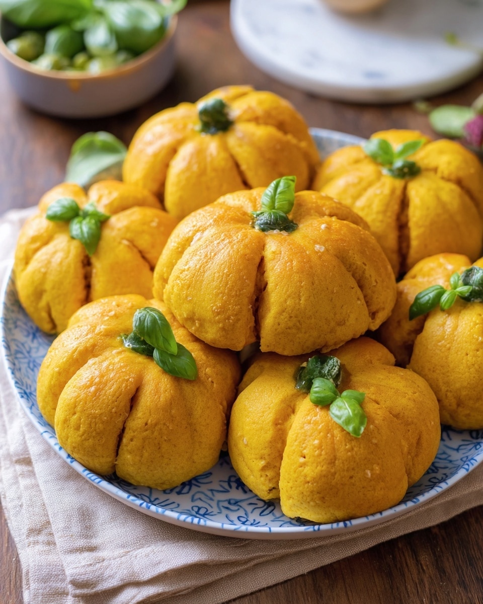 The image shows several golden yellow pumpkin-shaped breads arranged closely on a white plate with a blue pattern, placed on a beige cloth over a wooden surface. Each bread has eight distinct segments with slight cracks and a textured surface suggesting a soft crust. Small fresh green basil leaves are placed at the top center of each bread, enhancing the pumpkin look. The background includes a white marbled texture and a softly blurred bowl with green ingredients, possibly basil leaves. Photo taken with an iphone --ar 4:5 --v 7