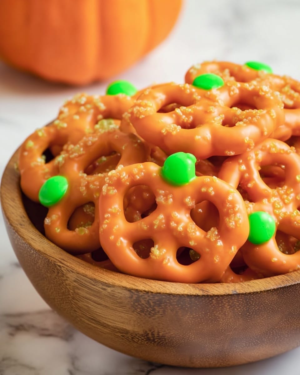 The image shows a wooden bowl filled with orange-coated pretzels arranged closely together. Each pretzel is covered in a smooth, shiny orange layer with a slight texture of small sugar crystals sprinkled on top. A single bright green candy is placed on the top center of many pretzels, giving a pop of color. In the background, a blurred orange pumpkin is visible, adding a seasonal touch. The bowl is set on a white marbled surface. photo taken with an iphone --ar 4:5 --v 7