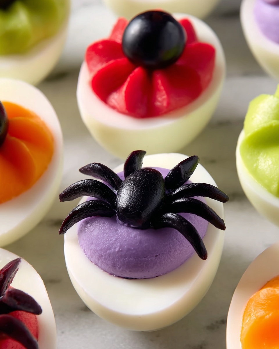 A collection of deviled eggs arranged on a white plate over a white marbled surface, each egg half filled with a bright, colorful creamy mixture swirled smoothly on top. There are four different styles: one with a bright green filling shaped in a rosette, another with a deep purple filling topped with black olive pieces arranged like a spider, a third with an orange filling shaped and ridged to look like a small pumpkin with a green stem, and the last with a red filling topped with a single black olive slice. The white of the eggs contrasts sharply with the vibrant topping colors, showing neat swirls and decorations. photo taken with an iphone --ar 4:5 --v 7