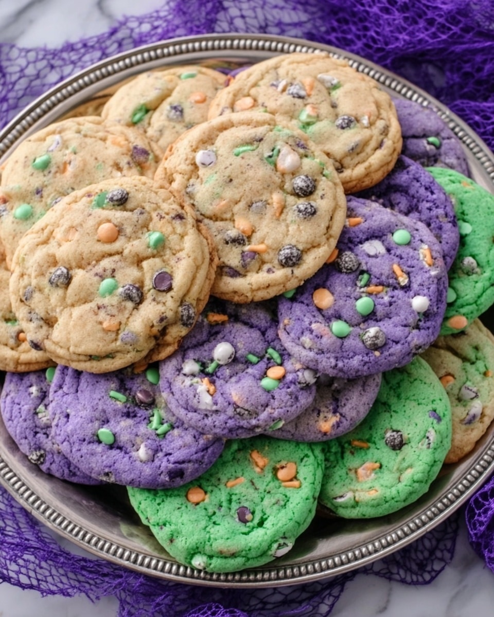 A silver tray filled with three layers of round cookies in three different colors: purple, green, and light brown. The cookies have a soft texture with small bits of chocolate and colorful sprinkles scattered on top of each cookie. The purple cookies have dark chocolate pieces and multi-colored sprinkles, the green cookies show white chocolate pieces and sprinkles, while the brown cookies display a mix of white and dark chocolate bits with sprinkles. The tray sits on a white marbled surface with a purple mesh fabric partially visible underneath. photo taken with an iphone --ar 4:5 --v 7