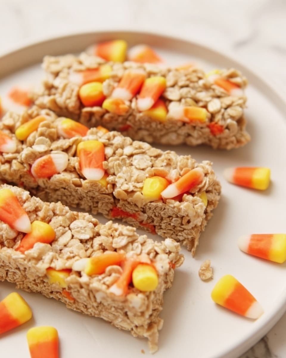 The image shows several rectangular oat bars placed closely on a white plate set on a white marbled surface. Each bar has a textured layer of tightly packed oats creating a rough, beige surface. Scattered across the top layer are colorful candy corns with a tripartite color pattern: white tip, orange middle, and yellow base. Small round orange, yellow, and white sprinkles are also scattered across the bars, adding small pops of color and texture. The bars are evenly cut and stacked in a way that some overlap the others slightly. The lighting highlights the bars’ texture and color contrast between the oats and candy pieces. Photo taken with an iphone --ar 4:5 --v 7