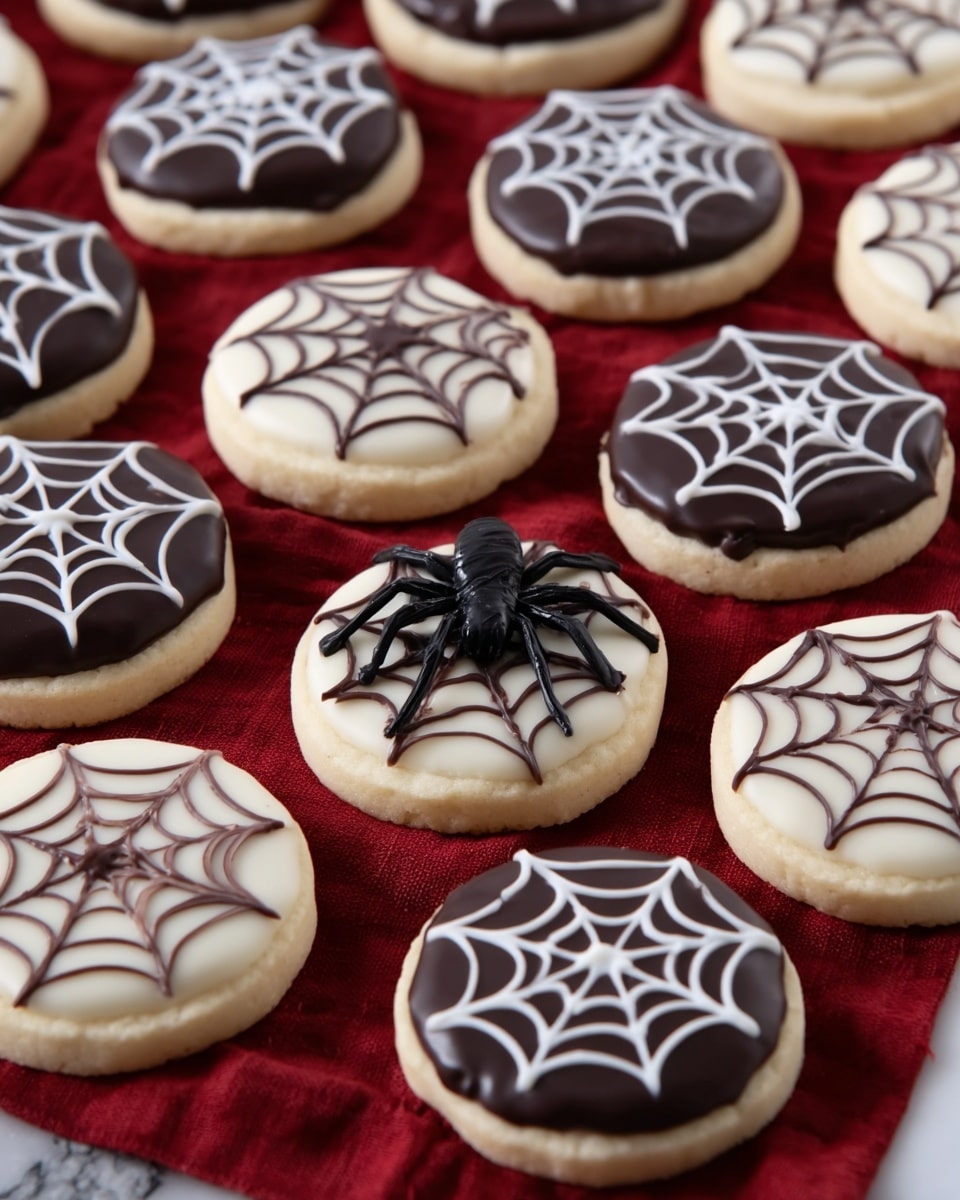 The image shows many round cookies laid out on a red cloth. Each cookie has two layers: the bottom layer is a light beige soft cookie, and the top layer is a smooth layer of icing in either white or dark brown color. On top of the icing, there are spider web designs made by alternating lines of white and dark brown icing, creating a web pattern that spreads from the center to the edges. The cookies are placed close together, with a small black plastic spider in the middle of the arrangement. The background is a white marbled texture. photo taken with an iphone --ar 4:5 --v 7