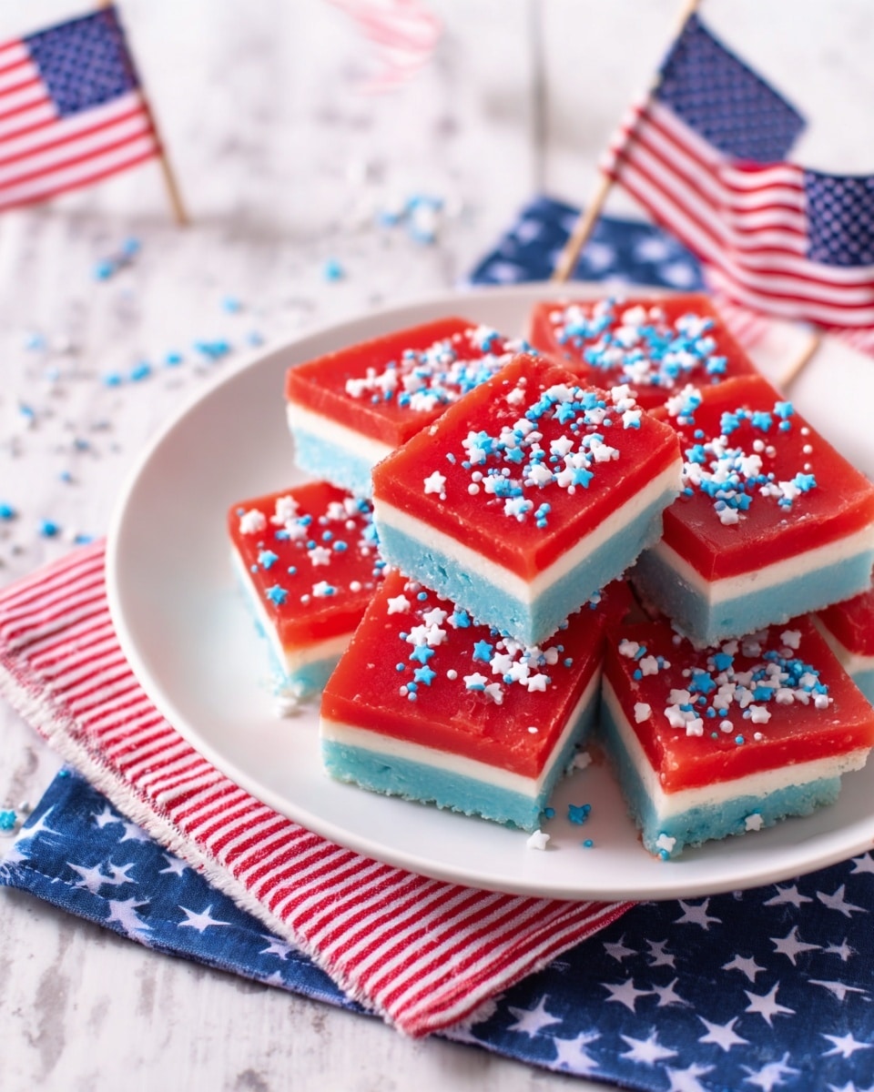 The image shows a stack of square, three-layered desserts on a white plate placed on a white marbled surface. The bottom layer is bright blue and has a smooth texture, the middle layer is creamy white and looks soft, and the top layer is red with a slightly rough surface. Red, white, and blue star-shaped sprinkles and small colored sugar crystals decorate the top red layer, adding a festive look. The squares are neatly cut and stacked unevenly, giving a close and inviting view. Photo taken with an iphone --ar 4:5 --v 7
