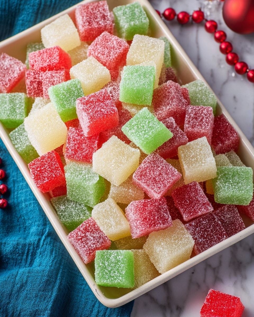 The image shows a rectangular white baking tray filled with many square jelly candies in three colors: red, green, and pale yellow. Each candy is coated in sugar, giving them a slightly grainy texture that catches the light. The candies are stacked close together, some slightly tilted, creating a colorful and inviting layered look. The tray is placed on a white marbled surface with a blue cloth and red and white round beads nearby, adding a festive feel. One red candy is off the tray at the bottom right corner. photo taken with an iphone --ar 4:5 --v 7