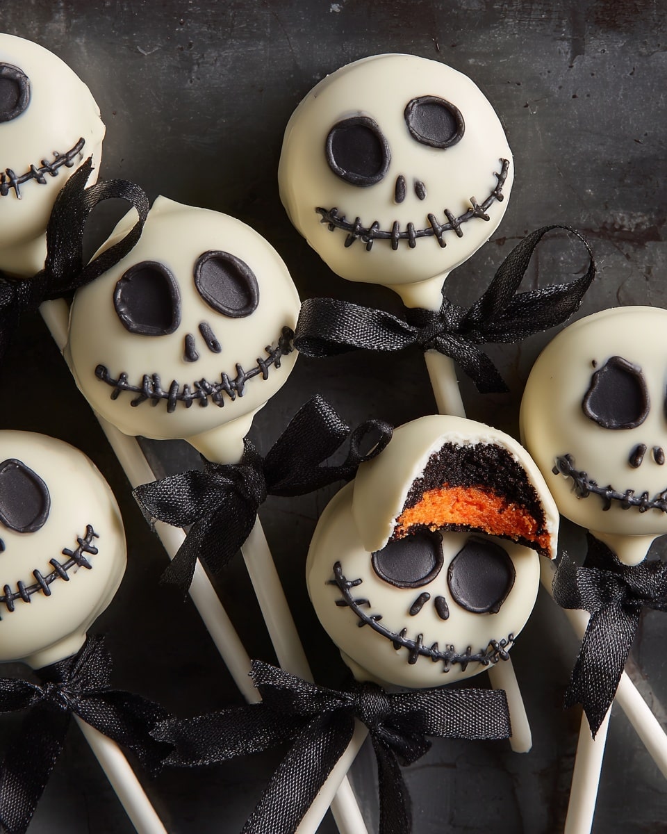 The image shows many round white chocolate lollipops with smooth, shiny white coatings. Each lollipop has black eyes and mouth details drawn with a glossy finish, resembling skull faces with different expressions, including stitched smiles and hollow eyes. The lollipops are placed on white sticks tied with small black satin bows near the base of the candy. They are arranged over a white marbled surface that contrasts with their colors. photo taken with an iphone --ar 4:5 --v 7