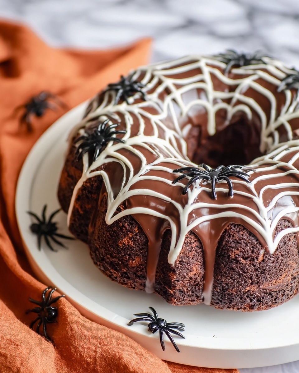 A round chocolate cake with a thick, glossy dark brown frosting layer covers the top and sides. On top, there is a pattern made of white icing lines spread from the center outward, creating a web-like design. Two small, black plastic spider decorations sit on the top near the frosting edges. The cake is on a white plate, which sits on a white marbled surface. photo taken with an iphone --ar 4:5 --v 7