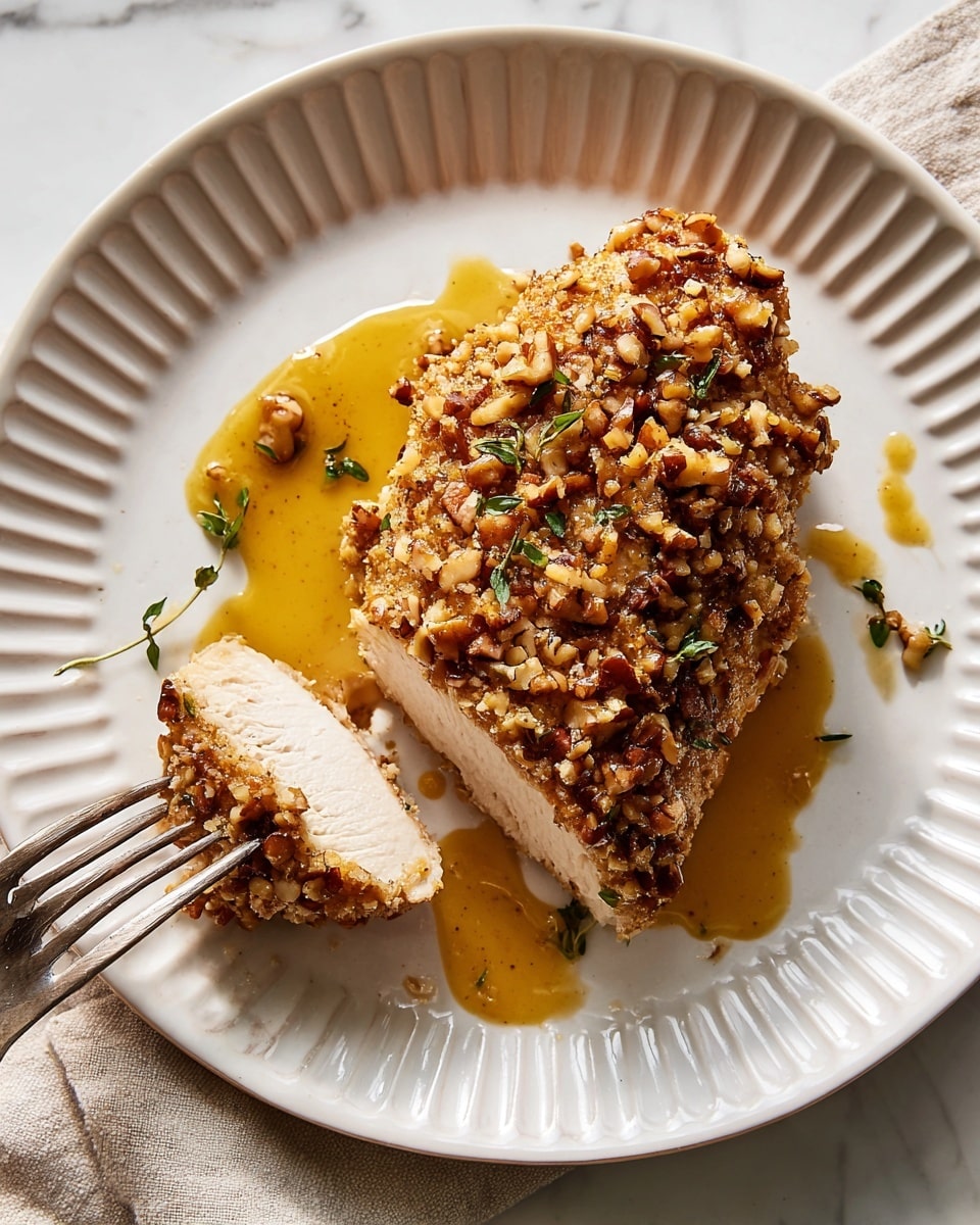 A piece of nut-coated chicken is placed in the middle of a white plate with ridged edges. The chicken has a crunchy brown layer made of chopped nuts on top, and there is a golden-yellow sauce drizzled over it. Some small green herb leaves are scattered on the chicken and plate. A fork is holding a sliced piece of the chicken on the left, showing the white inside of the meat. The plate rests on a white marbled surface. Photo taken with an iphone --ar 4:5 --v 7